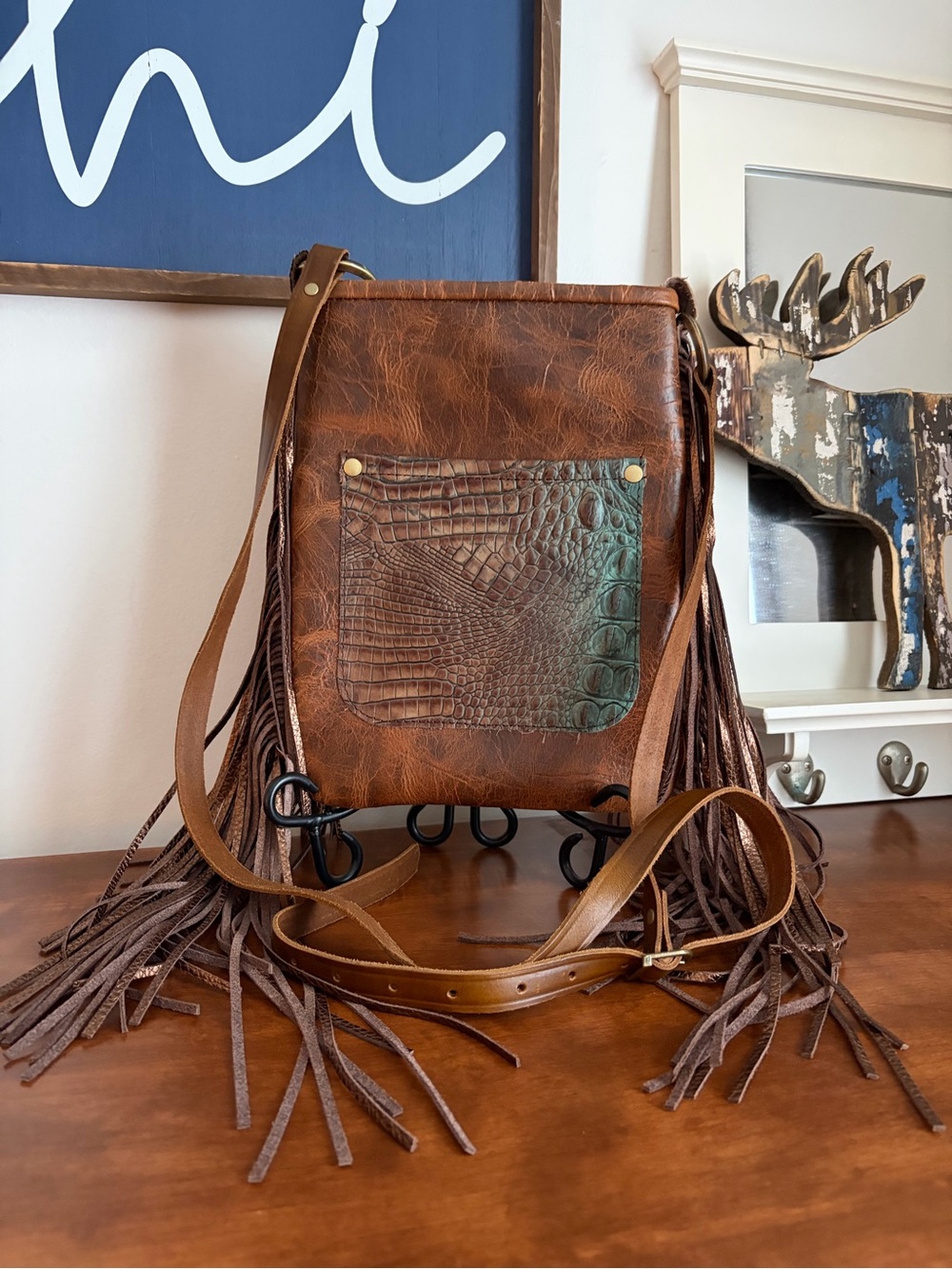 Fringe Crossbody Bag in Distressed Brown - Unbranded